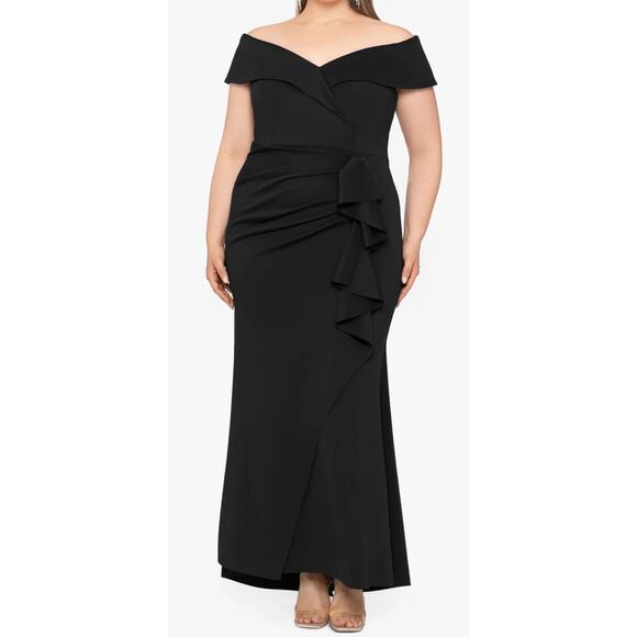 Xscape Ruffle Patti Off the Shoulder Scuba Knit Gown dress black size 16W - Picture 1 of 8